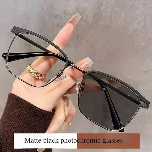 Photochromic Anti Radiation Glasses Korean Square Metal Men Women Eyeglasses Fashion Anti Blue Light Glass
