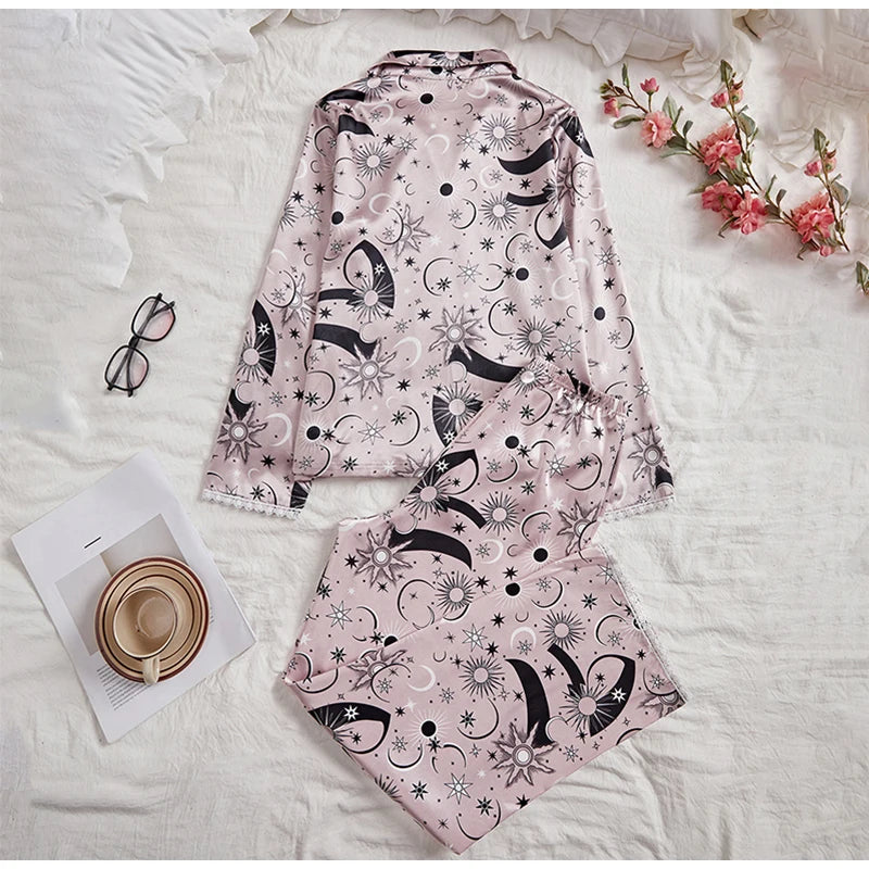 Women's sleepwear two piece set spring autumn satin long sleeved top long pants two piece set casual comfortable home suit set