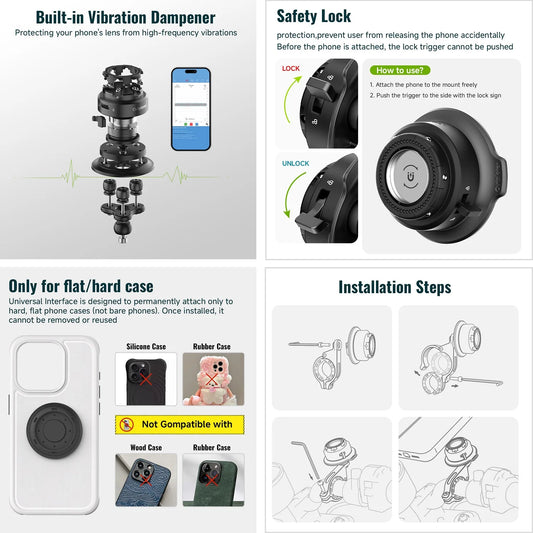 Magnetic Motorcycle Phone Mount Holder with Vibration Dampener & Secure Lock Handlebar Phone Mount for Motorcycle Bike Scooter