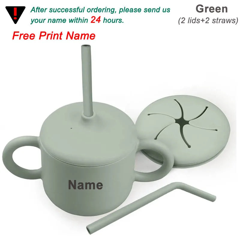 Food Grade Silicone Baby Feeding Cups Personalized Name Children Learn Drinking Cups Sippy Cups Kids Toddlers Straw Water Bottle