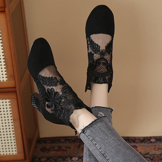 2024 New Women's Shoes Zipper Fashion Women's Sandals Flower Decoration Office Shoes Women's Pointed-toe Ankle Sandals Zapatos