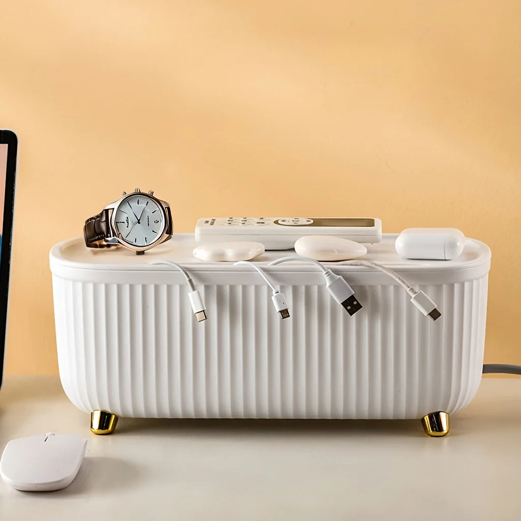Multifunctional Cable Management Box – Stylish white plastic desktop organizer for power cords