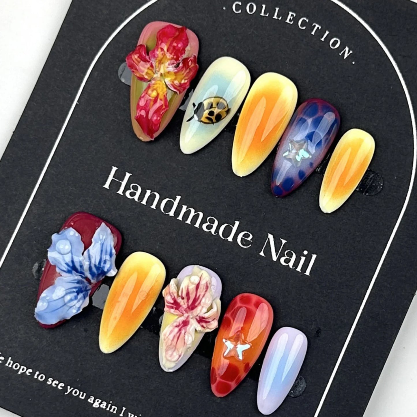 10pcs Handmade Press On Nails Black Pink French Style False Nails With Hand Painted 3D Flower Designs Short T Summer Nails Tips