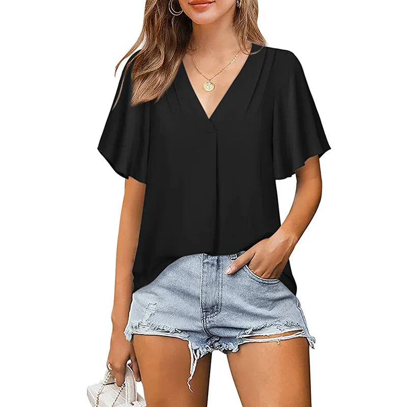 Office Lady Blouse Summer Women V-Neck Loose Short Sleeved T-Shirt Daily Casual Tops Work Clothes