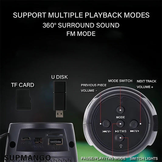 1PC RGB Colorful Lights Wireless Bluetooth Speaker With LED Light Portable Outdoor Stereo Supports TF And U Disk Expansion