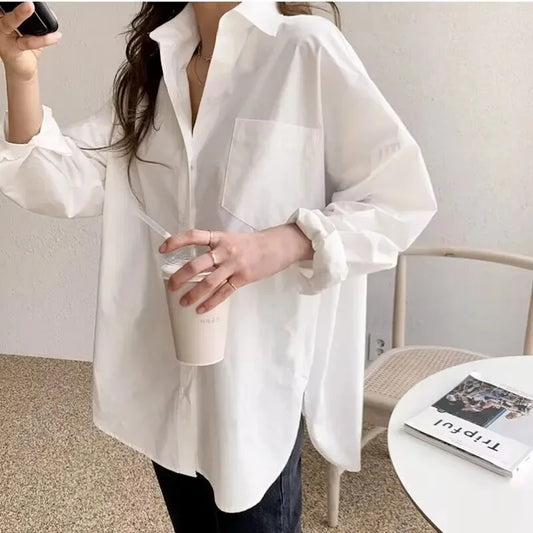 Office Lady Elegant White Casual Loose Blouses Fashion New Cotton Long Sleeve Women Shirt Turndown Collar Tops