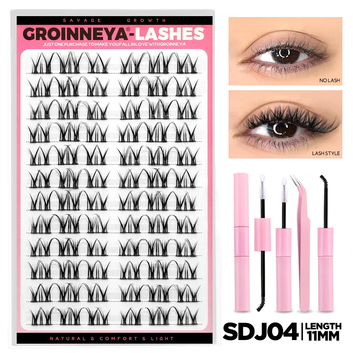 GROINNEYA Lash Clusters Kit DIY Lash Extension Volume Waterproof Individual Lashes Clusters Kit Lash Bond & Seal & Lash Tweezers