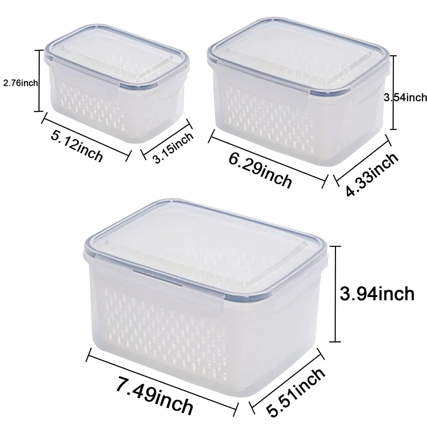 Fridge Food Storage Container Set with Lids with Strainer,Plastic Fresh Produce Saver Vegetable Fruit Meat Organizer