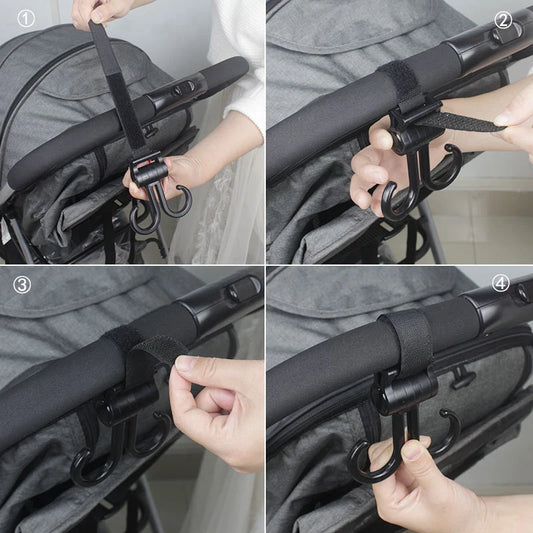 Double Hook Baby Stroller Hanger 360-degree Rotation Adjustment Cart Hook and Loop Fastener Stroller Accessories