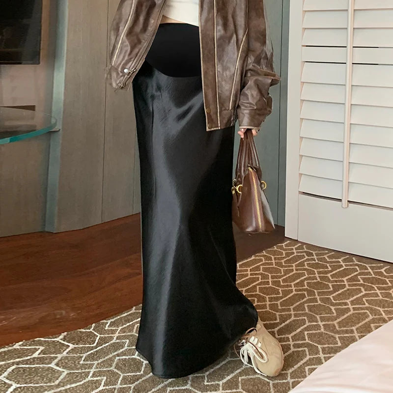 Maternity 2025 New Early Spring Vinegar Satin Covers Strap Slim A-line Long Skirt High Waist Drooping Fish Tail Youth Pregnancy