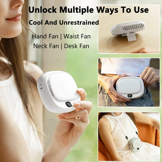 Portable Neck Fan Mini Waist Fan USB Rechargeable Bladeless Portable Hanging Neck Fan Wireless Waist Clip Fan for Outdoor Travel