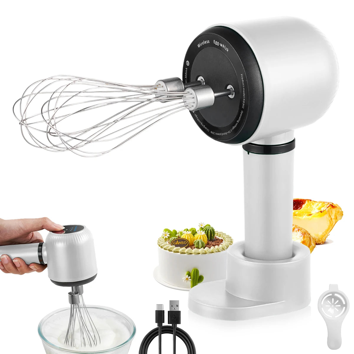 USB Rechargeable Electric Hand Blender Wireless Portable Hand Whisk Rechargeable 3-Speed And 2 Whisk For Baking Whisk Milk Cream