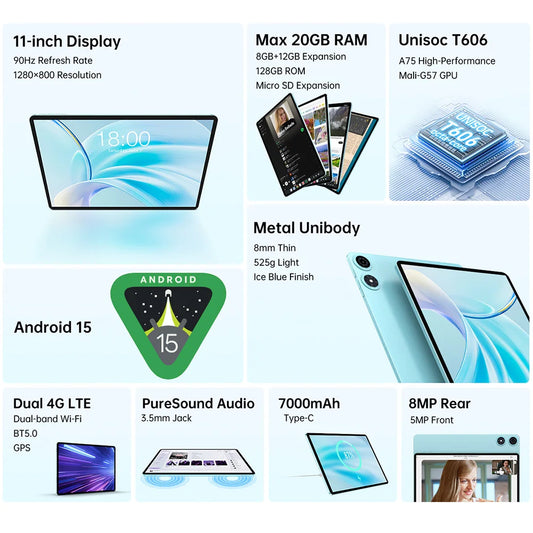 NEW 2025 Teclast P50 Tablet Android 15 8-core T606 8GB RAM GB ROM 11inch 1280 × 800iPS Bluetooth 5 7000mAh Type-C 8MP + 5MP