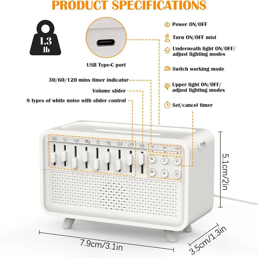 3 in 1 White Noise Sound Machine Night Light Humidifier 8 Group Natural Sound 30/60/120 Minutes Smart Timing for Home