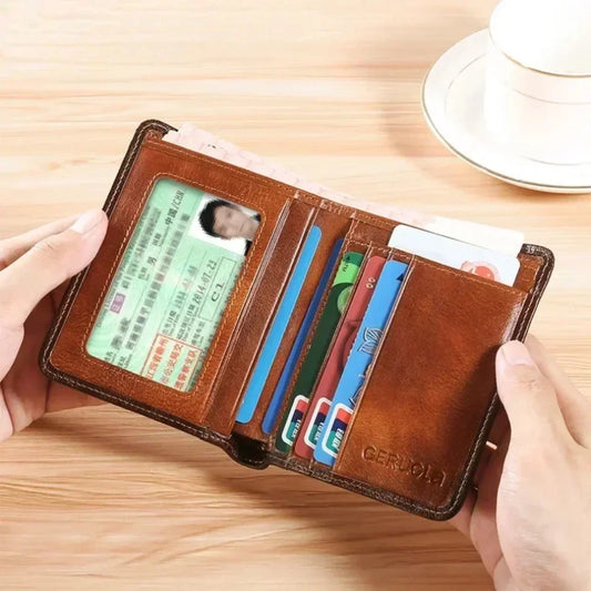 Men's Wallets RFID Blocking Genuine Leather Trifold Business Short Purse Wallet for Men with ID Window and Credit Card Holder