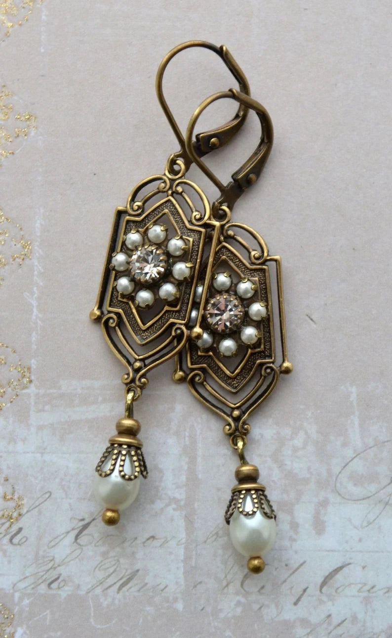 Hidden Blue Beads Teardrop Stone Earrings Gothic Women's Accessories Rectangular Metal Carved Bohemian Earrings