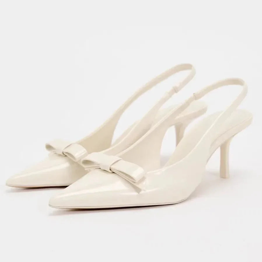 2025 Modern Office Shoes for Women White Black Wedding Slingback Pointed Toe Butterfly Decoration Female High Heeled Sandals