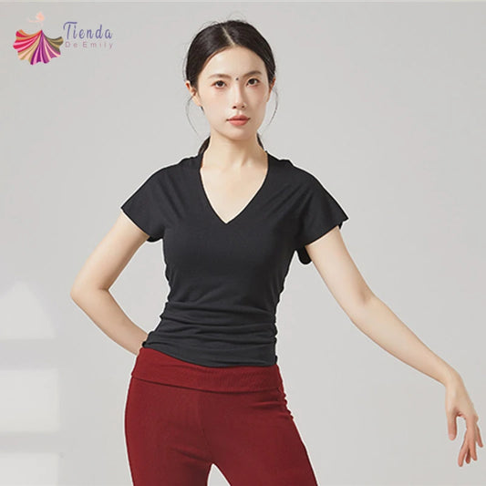 Modern Dance Clothes Women V-Neck Seamless Short Sleeve T-Shirt Elegant Stage Costume Basic Training Tops Casual Summer Blouse