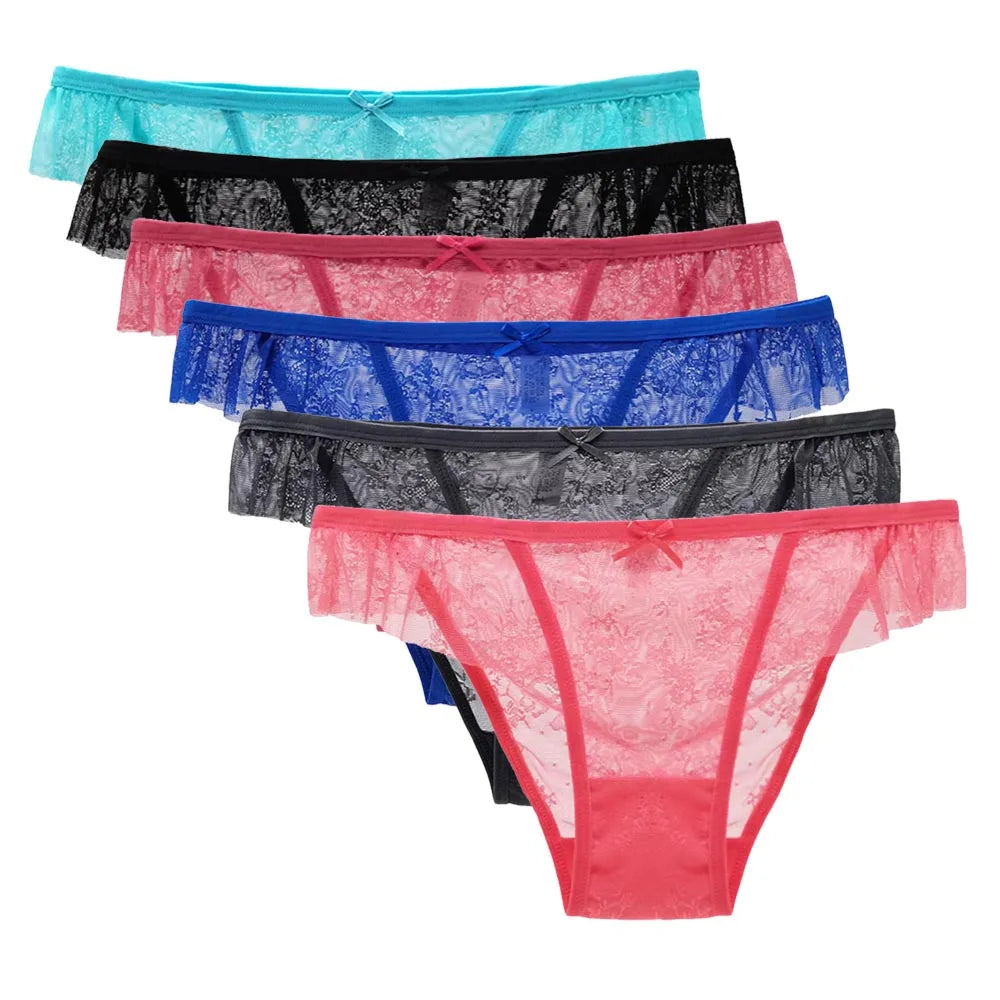 5 PCS/Set Sexy Ladies Transparent Lace Lingerie Panties Woman Cotton Crotch Solid Color Briefs Underwear