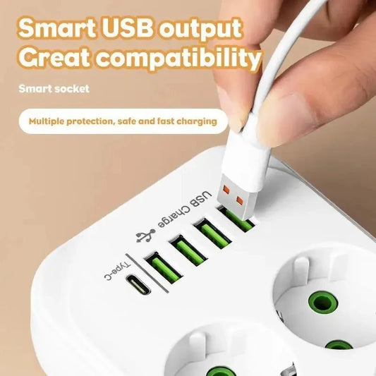 Electrical Socket EU Plug 6AC Outlet Multitap Power Strip Extension Cord Smart USB Home Office Surge Protector Network Filter