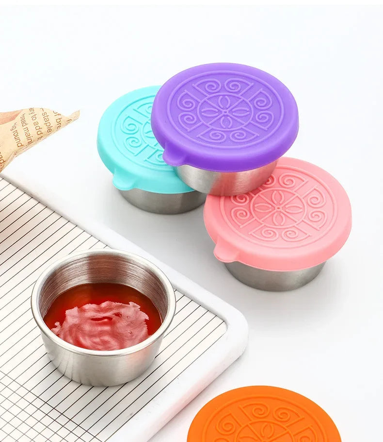 6 Pcs Set Leakproof Stainless Steel Dipping Sauce Cups Food Containers Reusable Salad Dressing Container Silicone Stretch Lids