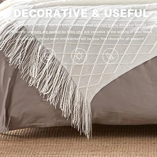 White Oversized Throw Blankets with Tassels 150x230cm Textured Knitted Boho Woven Big Blankets Bedspread Cover Manta Para Sofá