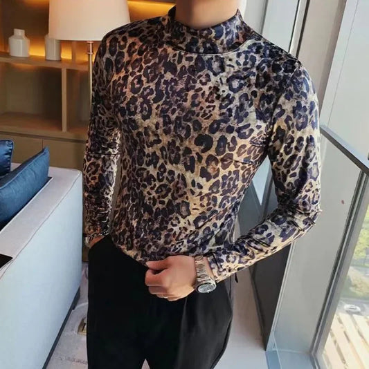 Mens T-shirt Long Sleeve Leopard Print Stretch Skinny Gym Shirt High Neck Base Shirt for Men