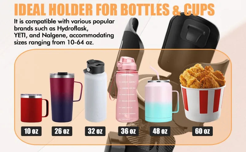 Car Cup Holder with Adjustable Base For Yeti Rambler,Hydro Flask,Nalgene,Stanley 10-64oz Cup Holders Extender