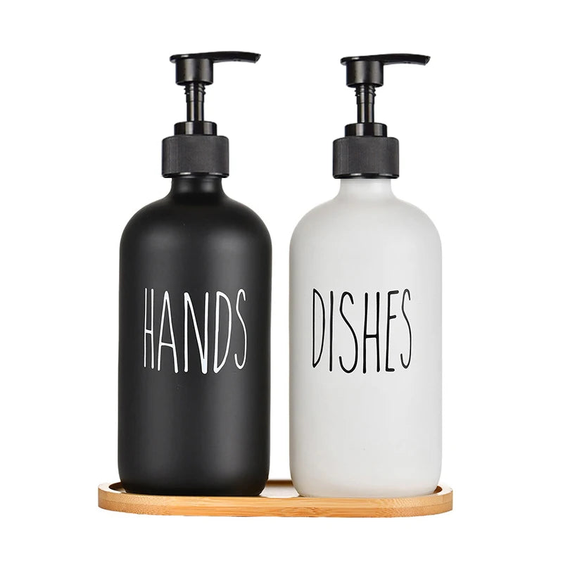 Set Plastic Home Kitchen Dish Soap Dispenser Bathroom Shampoo Lotions 500ml Lotions Empty Bottles Wooden Tray