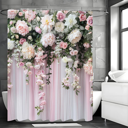 Rose Floral Pink Curtain Shower Curtain, Bathroom Decorative Shower Curtain, Waterproof Shower Curtain with Hooks