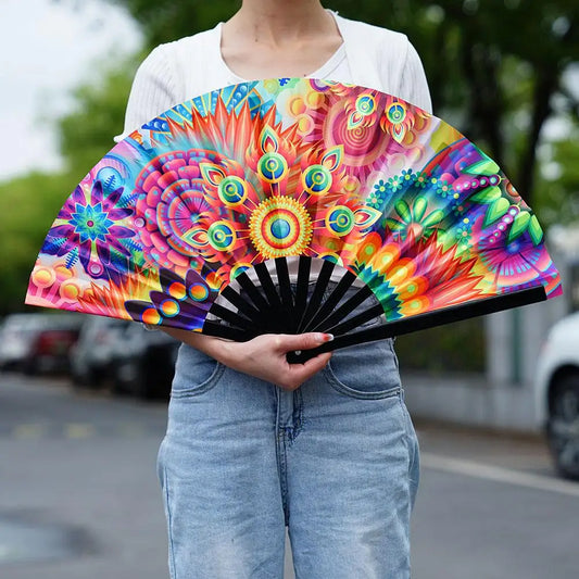 33cm Large Folding Hand Rave Fan Chinease/Japanese Gifts Fan Dance Music Colorful Fan Festival Fan Gradient Reflective Fold