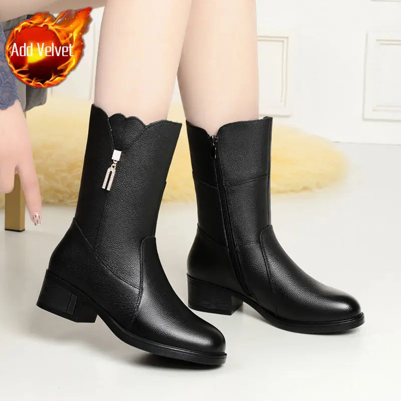 Footwear Half High Women's Boots Middle Heel Shoes for Woman Black Rhinestone Mid Calf Fashion 2024 Designer Luxury Goth Pu Boot