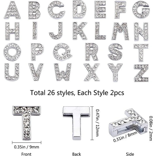 52Pcs Alphabet A-Z Letter Slide Charm Rhinestone Beads 8mm Hole Slide Alphabet Letters for 8mm Slide Wristbands/Bracelets,