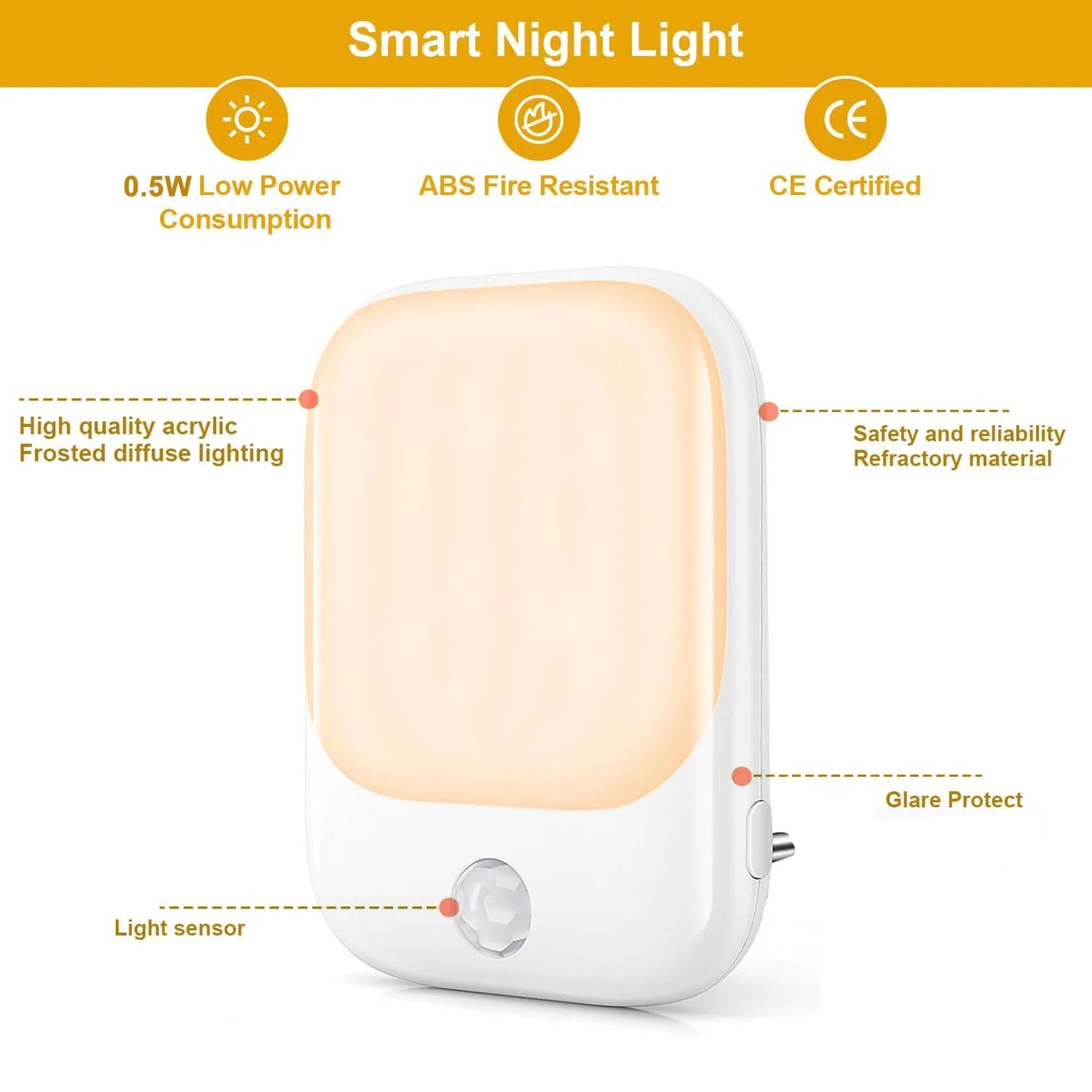 Smart LED Night Light with Sensor, Adjustable Brightness, Suitable for Bedroom, Bathroom, Corridor, Staircase, Kitchen - Plug-in