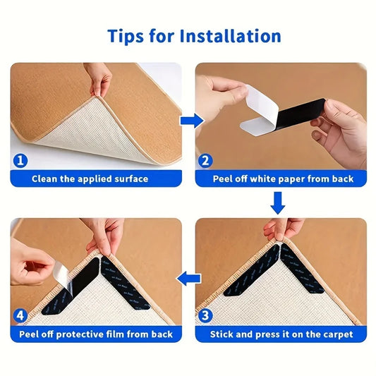 4pcs L-shaped anti slip carpet clip sticker, anti slip carpet corner rubber pad, used for safety and floor protection