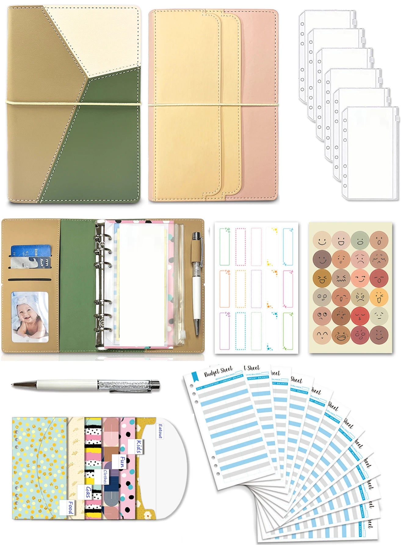Budget Binder with Zipper Envelopes, Cash Envelopes with Budget Sheets, PVC Pockets, Cash Envelopes, Stickers & Pen