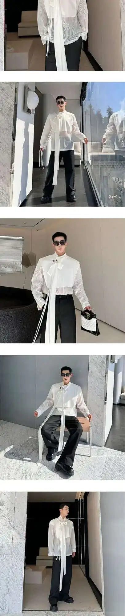 LUZHEN Stylish Personality Ribbon Decorate Translucent Long Sleeve Shirts Men's Elegant 2025 New Stylish Fake Two Piece LZ2413