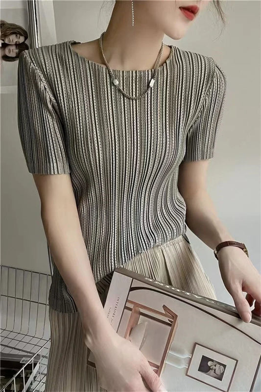 Woman Clothing Top Women Miyake Pleated Short-sleeved Female Summer Thin Elastic Round Neck Joker Slim Pleated Hollow T-shirt