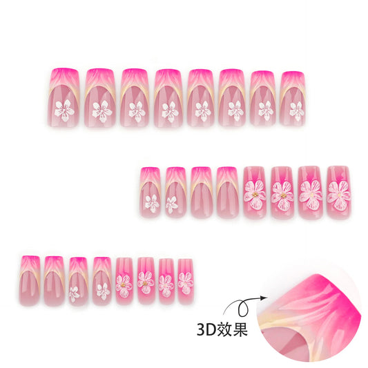 24pcs Blush Pink French Press On Nails Hand-painted White Flower Gold Ball Designs Fake Nail Short Square Korean False Nail Tips