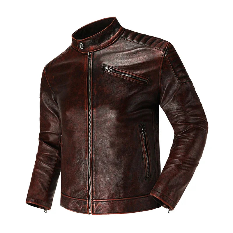 Copersian Men's Genuine Leather Jacket Natural Cowhide Hunting Jacket Retro Motorcycle Jacket Spring Autumn Mens Clothes