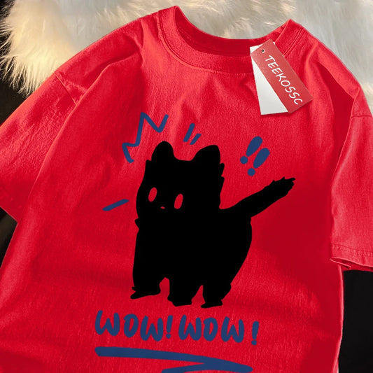Wow Wow Fun Black Cat Print Japanese Style Men Women Top Fashion T Shirt Cotton Loose T-Shirt Casual O-Neck Clothes Oversize Top