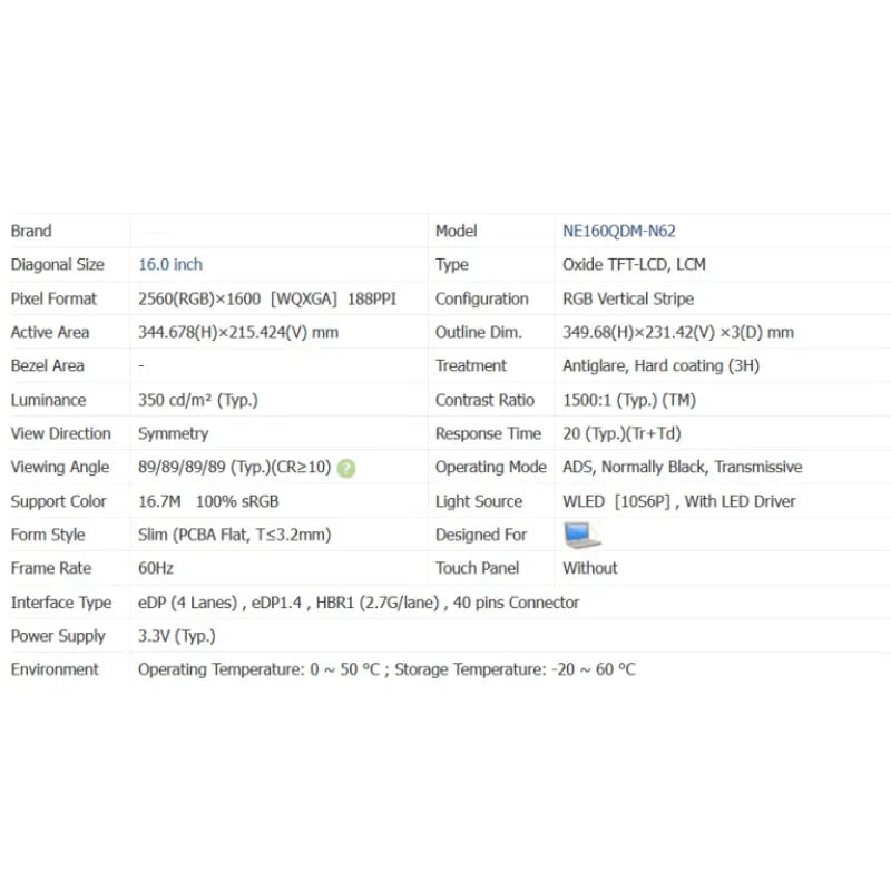 16.0 Inch NE160QDM-N62 V8.0 v8.1 40Pin 2560×1600 WQXGA LAPTOP LCD SCREEN MNG007DA1-2 MNG007DA1-3