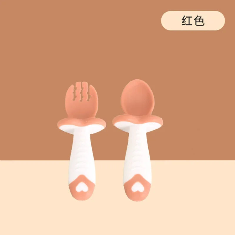 Baby Tableware Set Children Utensil Silicone Toddler Dinnerware Cutlery Cartoon Infant Food Feeding Spoon Fork Baby Gadgets