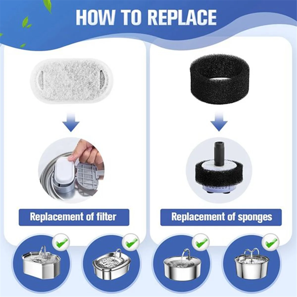 XFDZ 40PCS Cat Water Fountain Filters for 67oz/2L and 108/3.2L Stainless Steel Pet Fountain Cat Replacement Filters Sponges