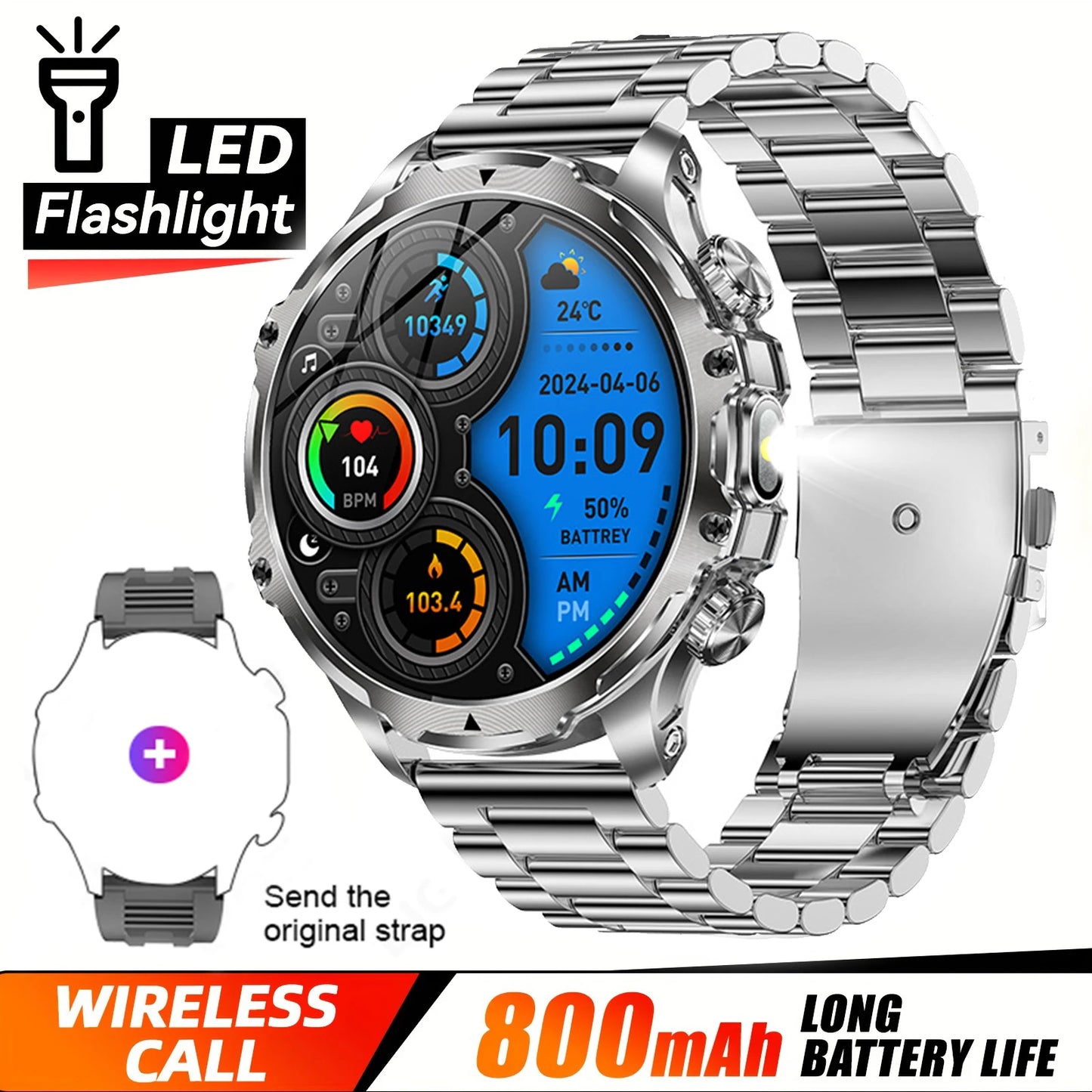 2025 Outdoor Sports Fitness Tracker Smart Watch 1.85 Inch HD Alomed 800mAh Lithium Battery Bluetooth LED Flashlight Smart Watch