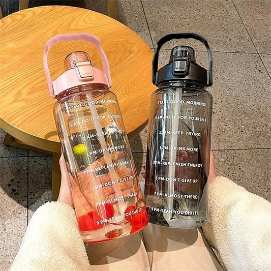 2L Water Bottle with Time Marker, Leak Proof, Non-Slip, Plastic Portable Travel Water Bottle Fitness Cup With Cute Stickes