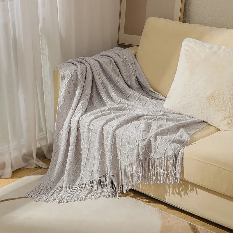 White Oversized Throw Blankets with Tassels 150x230cm Textured Knitted Boho Woven Big Blankets Bedspread Cover Manta Para Sofá