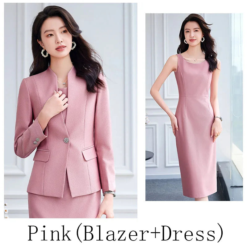 Office Suit Women Collarless Blazer + Vest Dress Set Executive Lady Workwear Elegant 2 Piece Set Long Sleeve Pink Suit Jacket
