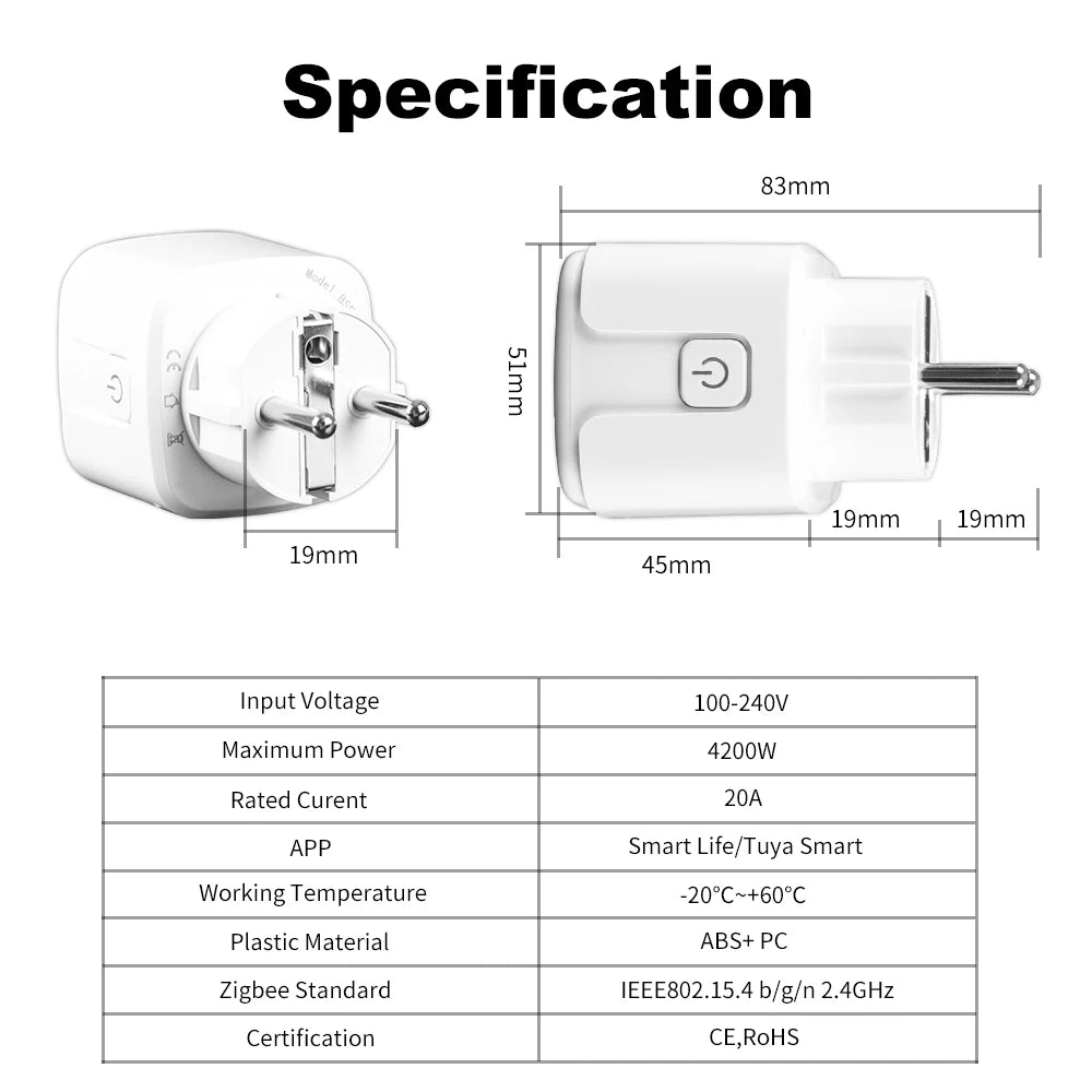 Zigbee2MQTT EU Smart Plug 20A Smart Socket With Power Monitoring Timing Function APP Voice Control Home Assistant