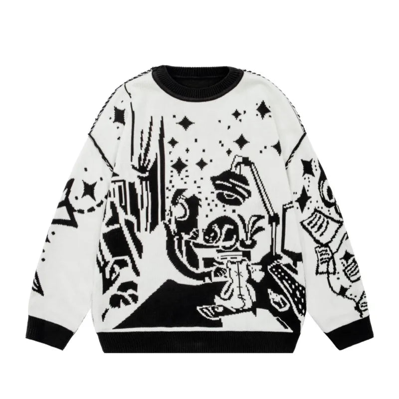 Oversized Sweaters Men Women Harajuku Anime Girl Graffiti Vintage Knitted Sweater lo-fi Winter Unisex Cotton Pullover Streetwear